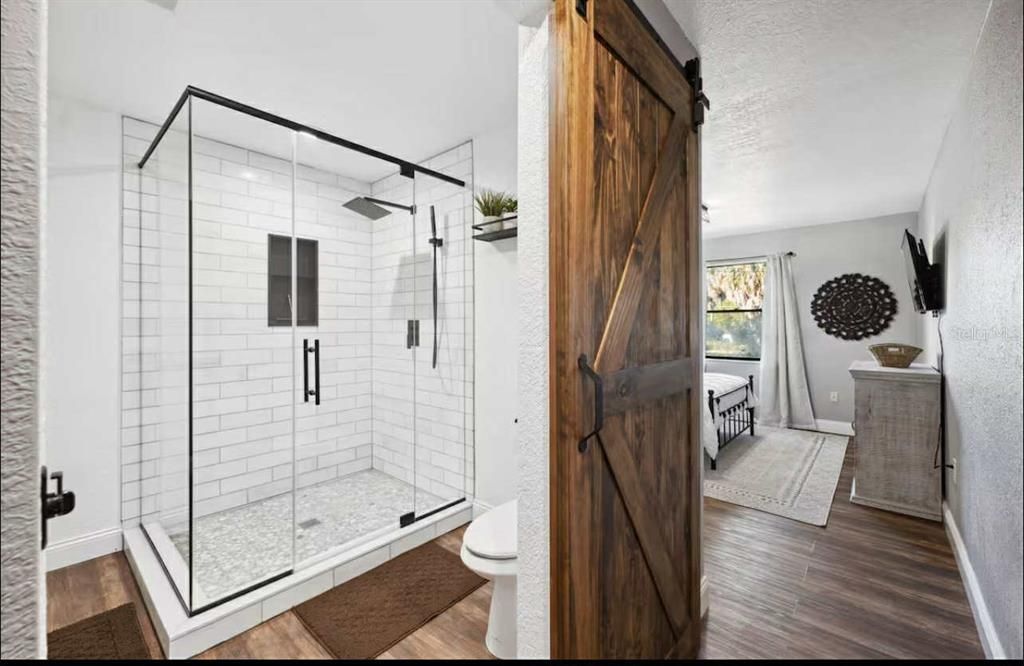 Bathroom, Glass Shower, Interior, Wood Texture Flooring