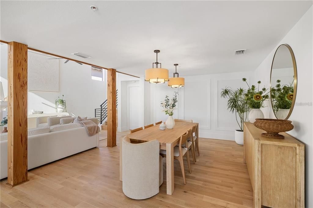 Dining room, Interior, Living room, Pendant Lights, Wood Texture Flooring