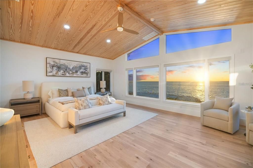 Bedroom, Interior, Recessed Lighting, Water, Wooden Ceilings, Wood Texture Flooring