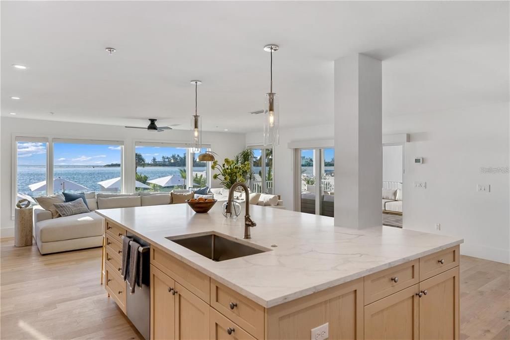 Dining room, Interior, Kitchen, Living room, Pendant Lights, Recessed Lighting, Water, Wood Texture Flooring
