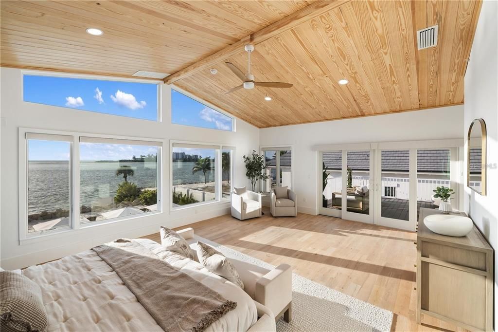 Bedroom, Interior, Living room, Recessed Lighting, Water, Wooden Ceilings, Wood Texture Flooring