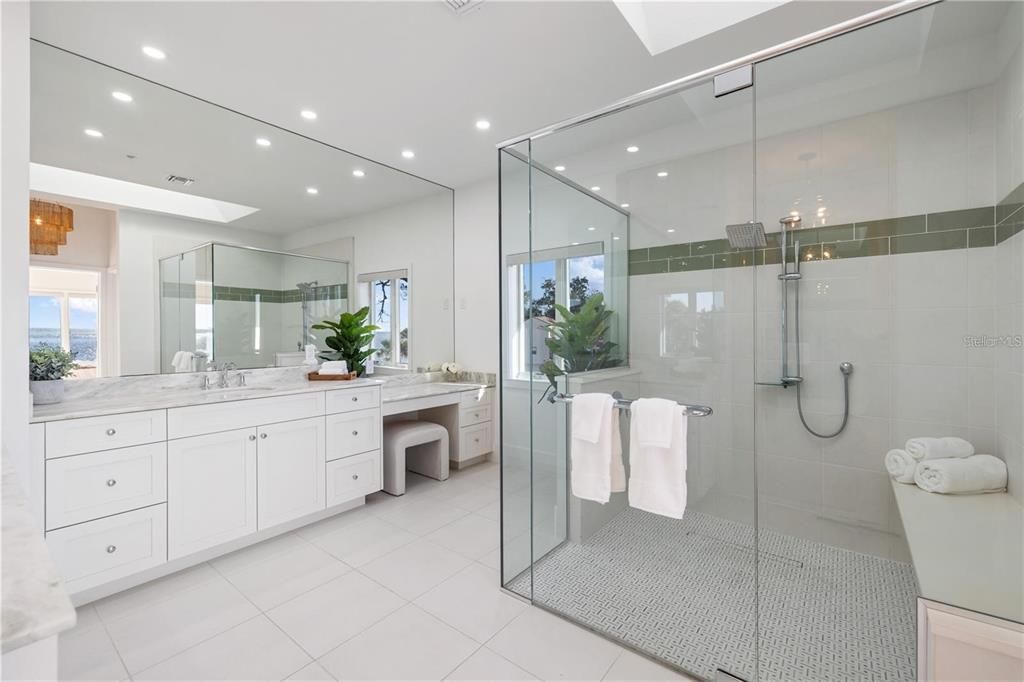 Bathroom, Dual Sink Vanities, Glass Shower, Interior, Recessed Lighting