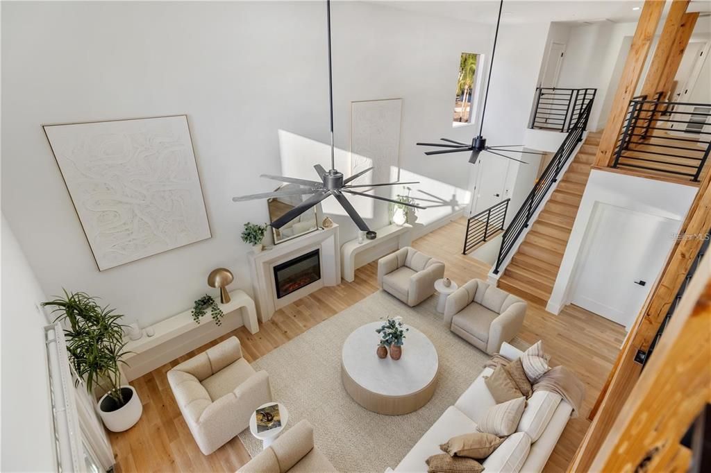 Fireplace, Interior, Living room, Pendant Lights, Wood Texture Flooring