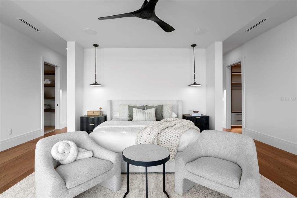 Bedroom, Interior, Pendant Lights, Recessed Lighting, Wood Texture Flooring