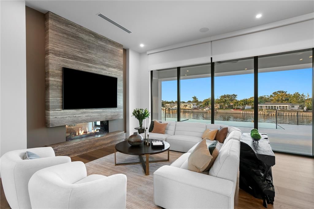 Fireplace, Interior, Living room, Recessed Lighting, Wood Texture Flooring