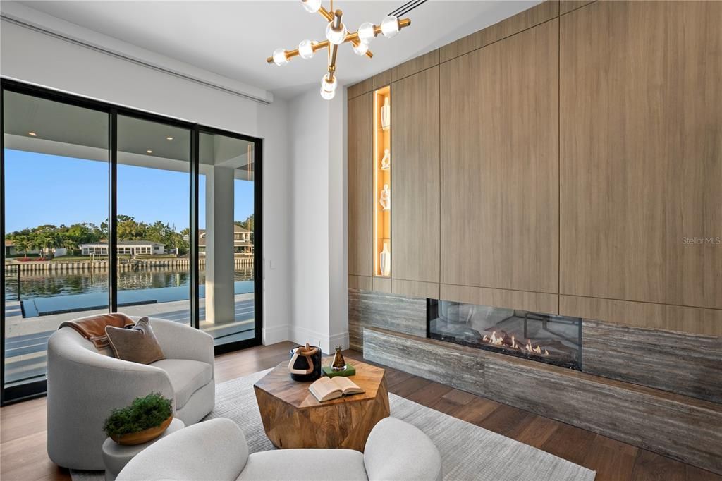 Fireplace, Interior, Living room, Pendant Lights, Recessed Lighting, Wood Texture Flooring