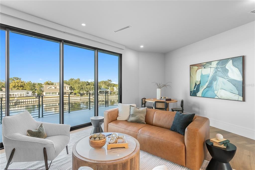 Dining room, Interior, Living room, Recessed Lighting, Water, Wood Texture Flooring