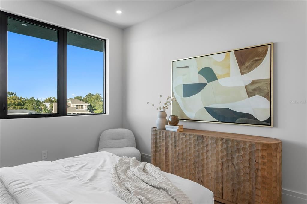 Bedroom, Interior, Recessed Lighting, Wood Texture Flooring