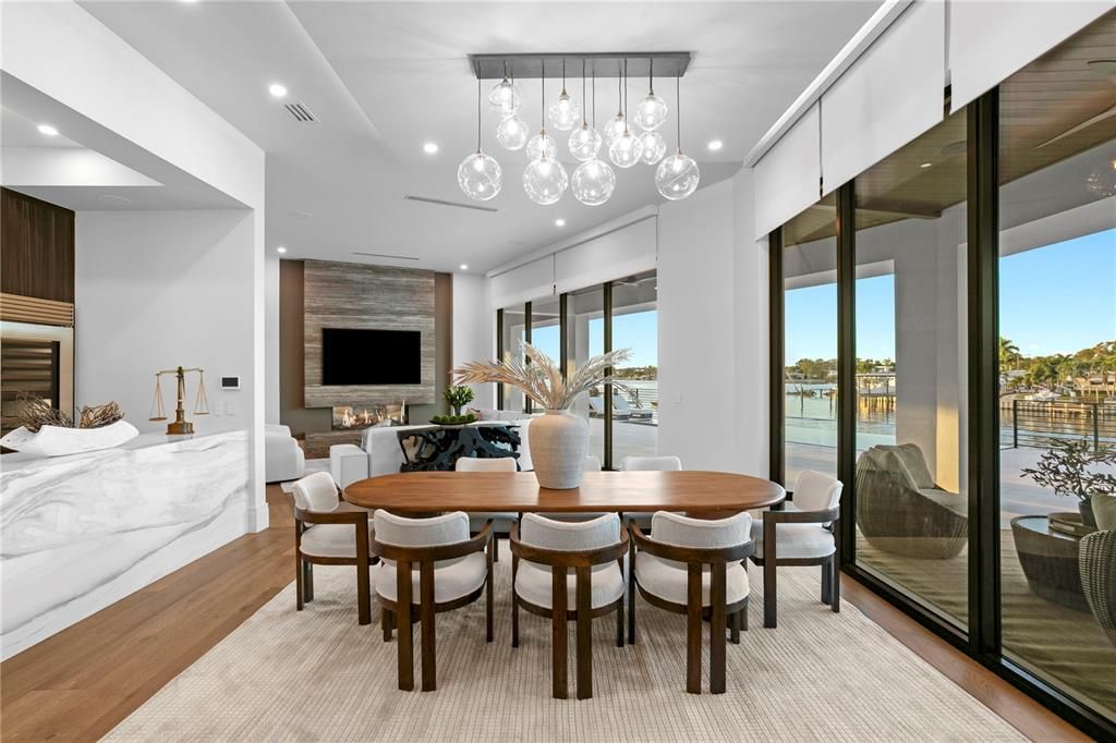 Dining room, Interior, Pendant Lights, Recessed Lighting, Water, Wood Texture Flooring
