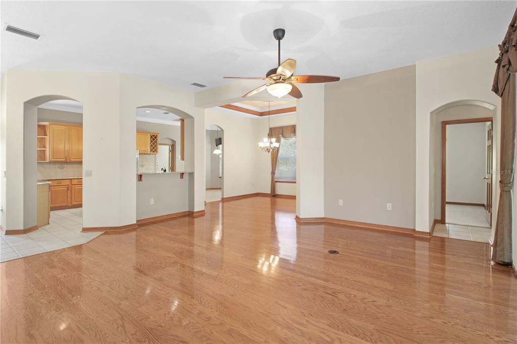 Chandelier, Empty room, Interior, Kitchen, Wood Texture Flooring