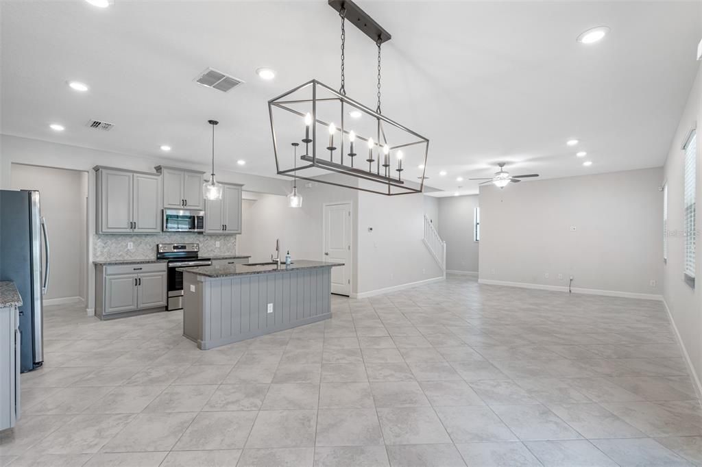 Chandelier, Interior, Kitchen, Pendant Lights, Recessed Lighting, Stainless Steel Appliances