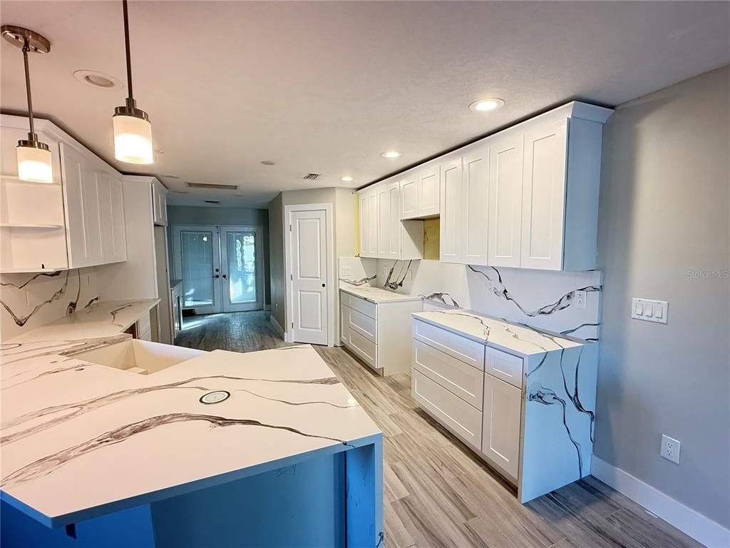 Interior, Kitchen, Pendant Lights, Recessed Lighting, Wood Texture Flooring