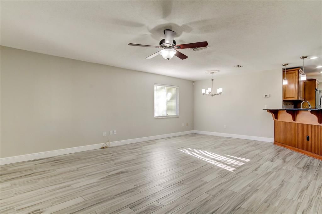 Chandelier, Empty room, Interior, Kitchen, Pendant Lights, Wood Texture Flooring