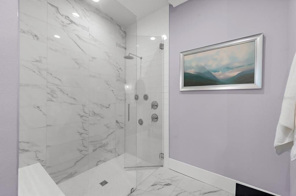 Bathroom, Glass Shower, Interior, Marble, Marble Walls, Recessed Lighting