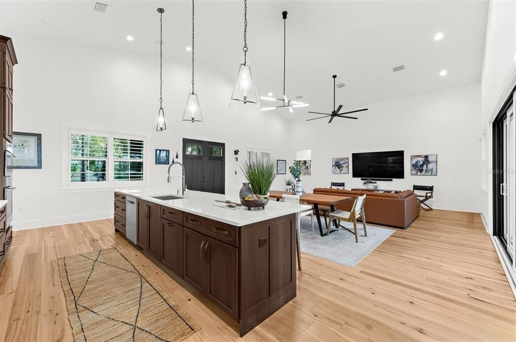 Dining room, Interior, Kitchen, Living room, Pendant Lights, Recessed Lighting, Wood Texture Flooring