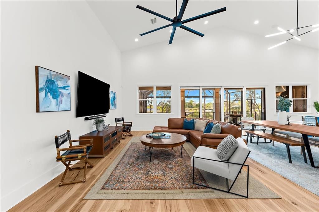 Dining room, Interior, Living room, Pendant Lights, Recessed Lighting, Wood Texture Flooring