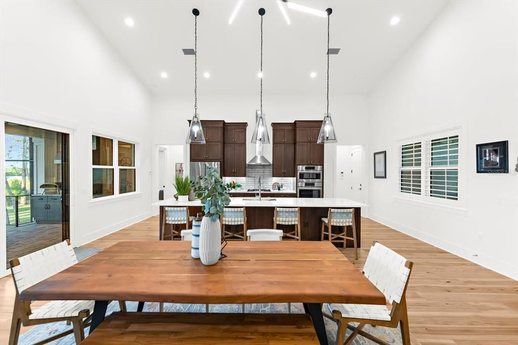 Dining room, Interior, Kitchen, Pendant Lights, Recessed Lighting, Wood Texture Flooring