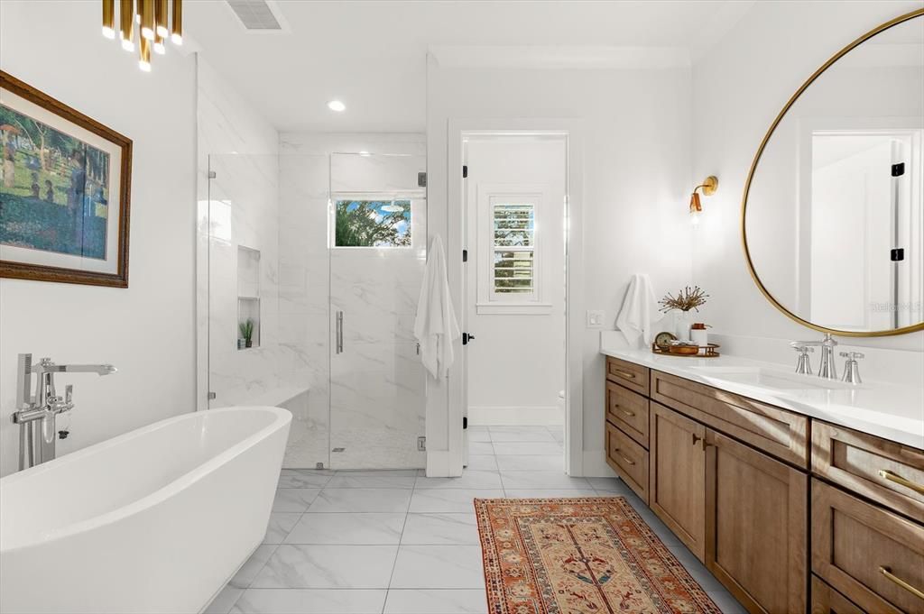 Bathroom, Dual Sink Vanities, Free Standing Baths, Glass Shower, Interior, Marble, Marble Walls, Recessed Lighting