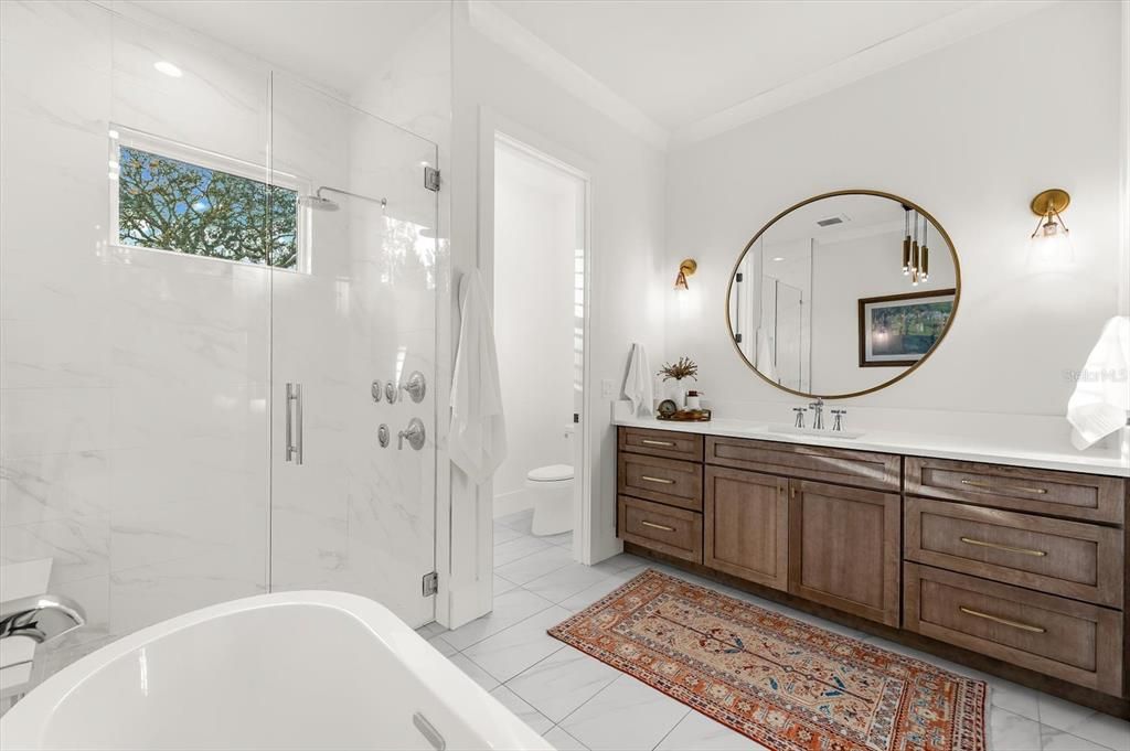 Bathroom, Dual Sink Vanities, Glass Shower, Interior, Marble Walls, Recessed Lighting