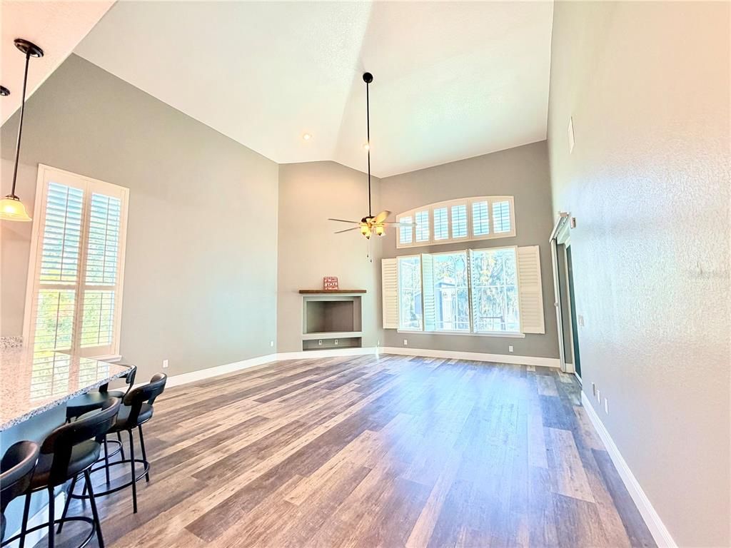 Empty room, Interior, Pendant Lights, Recessed Lighting, Wood Texture Flooring