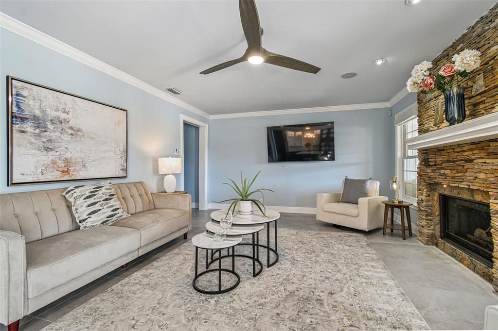 Fireplace, Interior, Living room, Recessed Lighting, Stone Walls