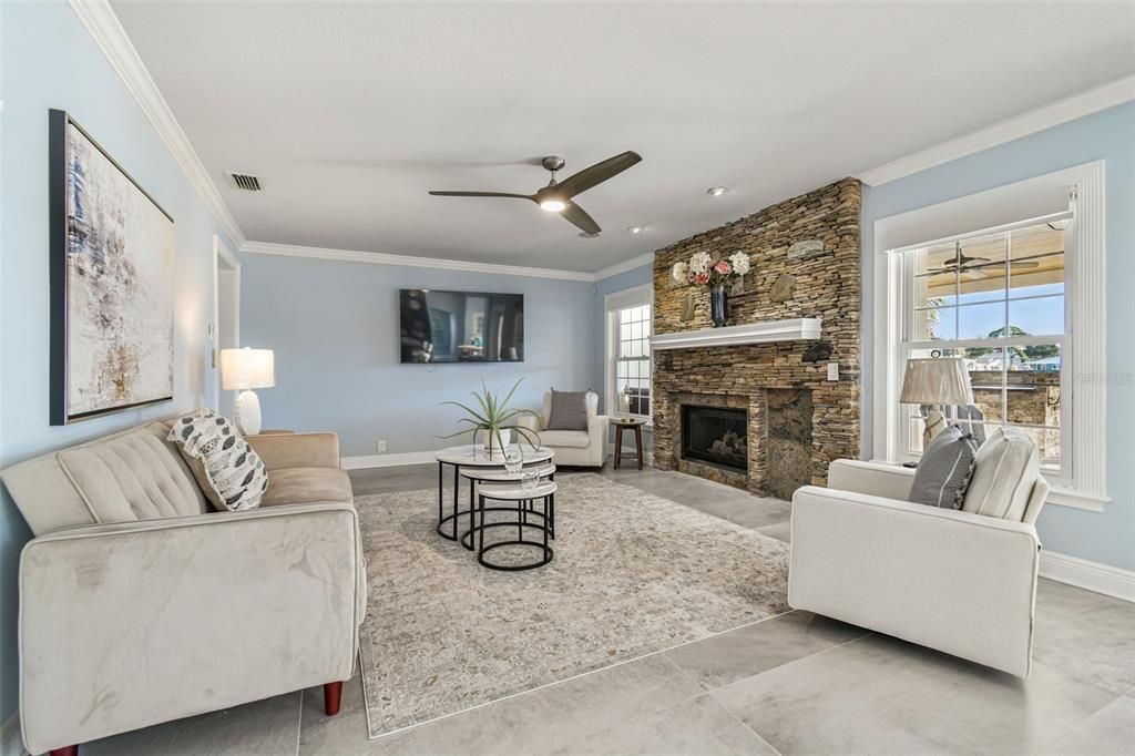 Fireplace, Interior, Living room, Recessed Lighting, Stone Walls