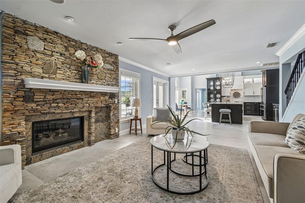 Dining room, Fireplace, Interior, Kitchen, Living room, Pendant Lights, Recessed Lighting, Stone Walls