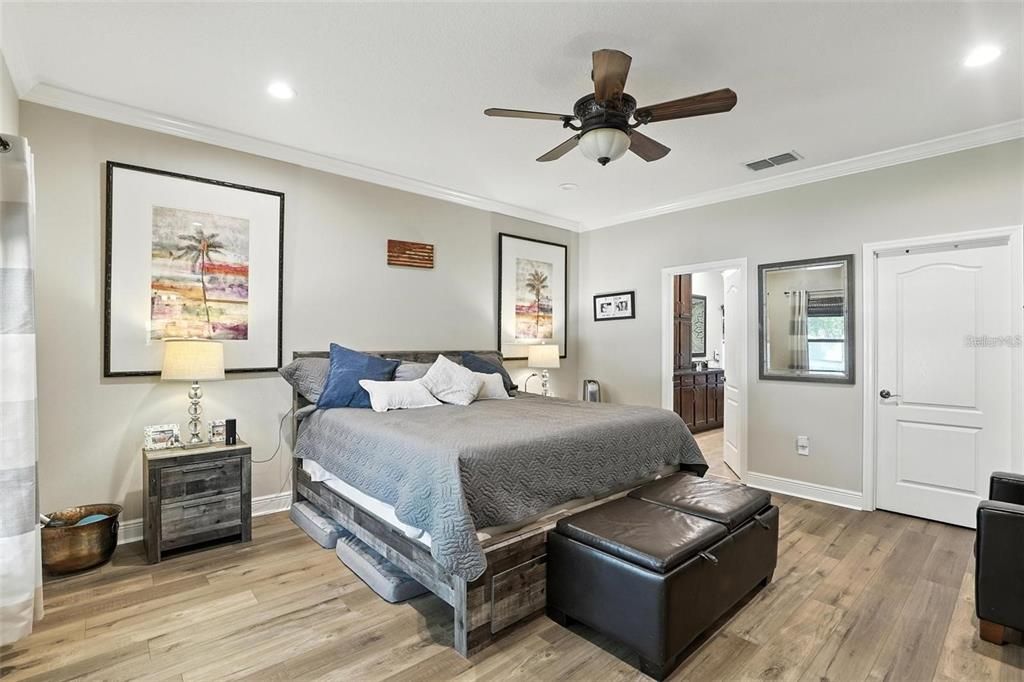 Bedroom, Interior, Recessed Lighting, Wood Texture Flooring