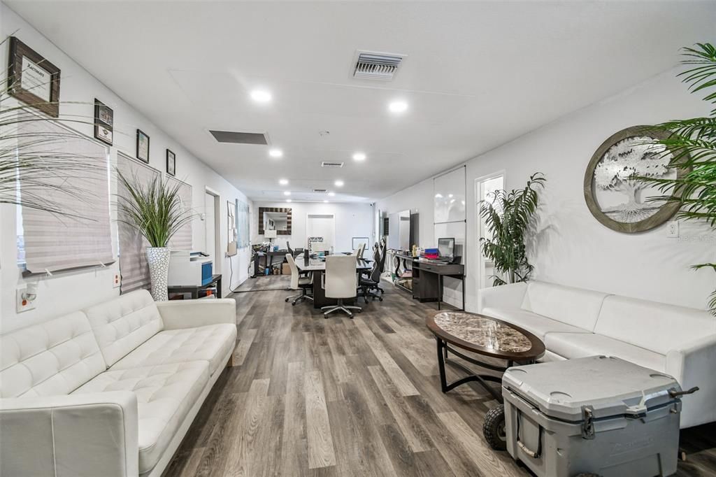 Dining room, Interior, Living room, Recessed Lighting, Wood Texture Flooring
