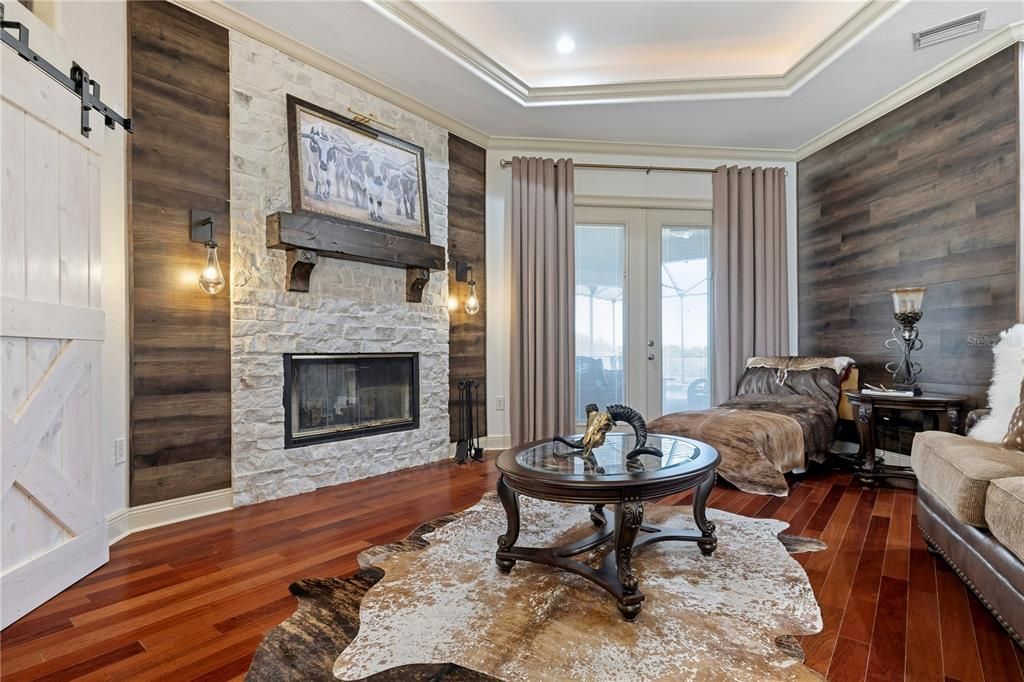 Fireplace, Interior, Recessed Lighting, Wood Texture Flooring, Wooden Walls