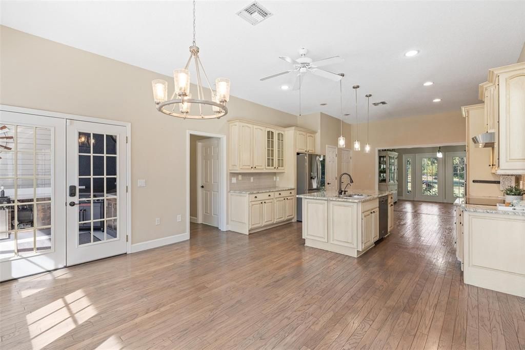 Chandelier, Interior, Kitchen, Pendant Lights, Recessed Lighting, Wood Texture Flooring