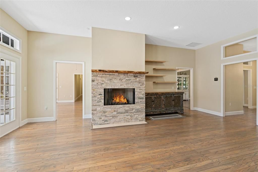 Fireplace, Interior, Recessed Lighting, Wood Texture Flooring