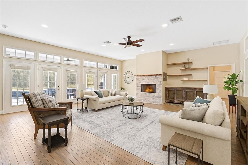 Fireplace, Interior, Living room, Recessed Lighting, Wood Texture Flooring