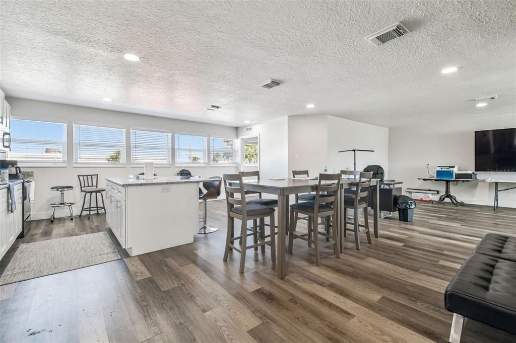 Dining room, Interior, Kitchen, Recessed Lighting, Wood Texture Flooring