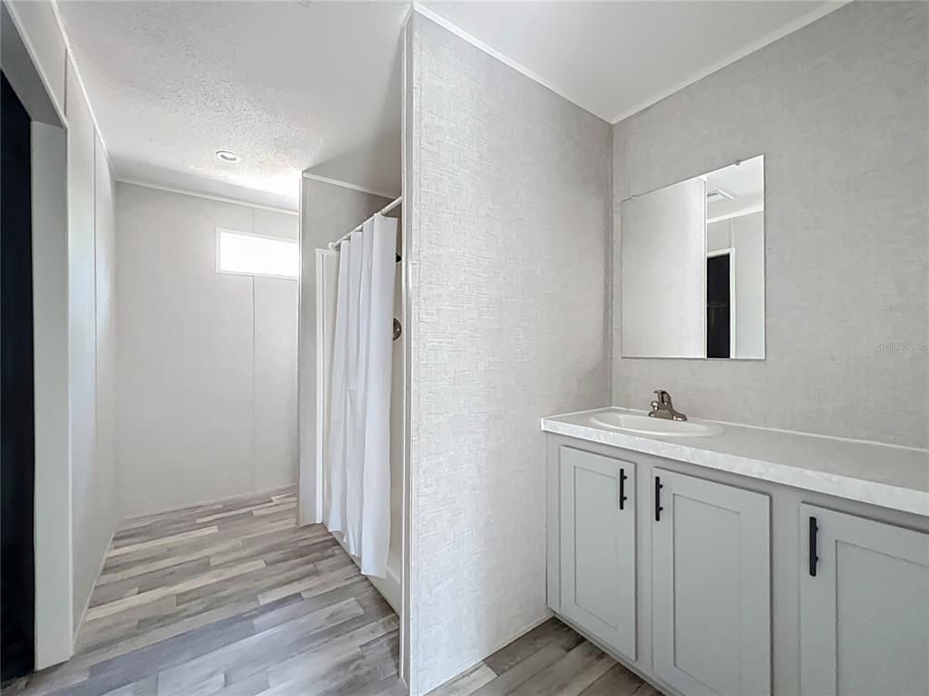 Bathroom, Interior, Recessed Lighting, Wood Texture Flooring