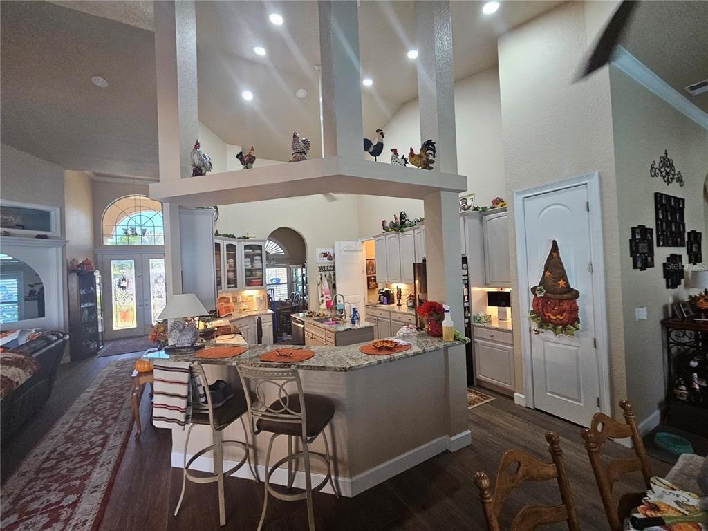 Fireplace, Interior, Kitchen, Recessed Lighting, Wood Texture Flooring