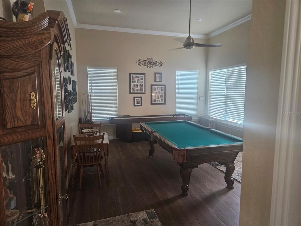 Billiard Table, Game Room, Interior, Recessed Lighting, Wood Texture Flooring