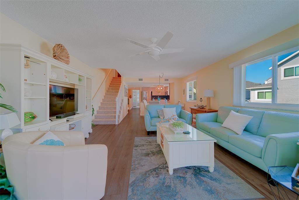 Dining room, Interior, Living room, Pendant Lights, Wood Texture Flooring