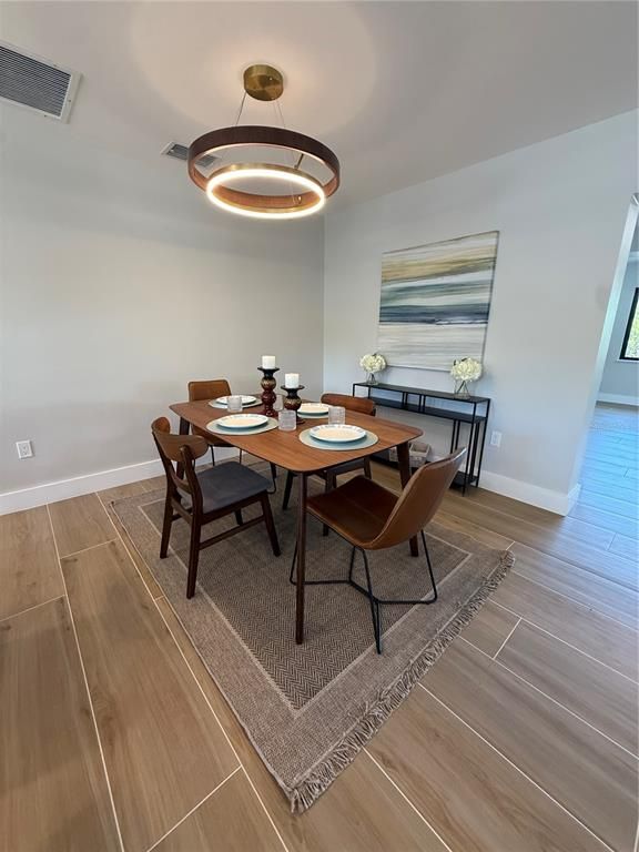 Dining room, Interior, Pendant Lights, Wood Texture Flooring