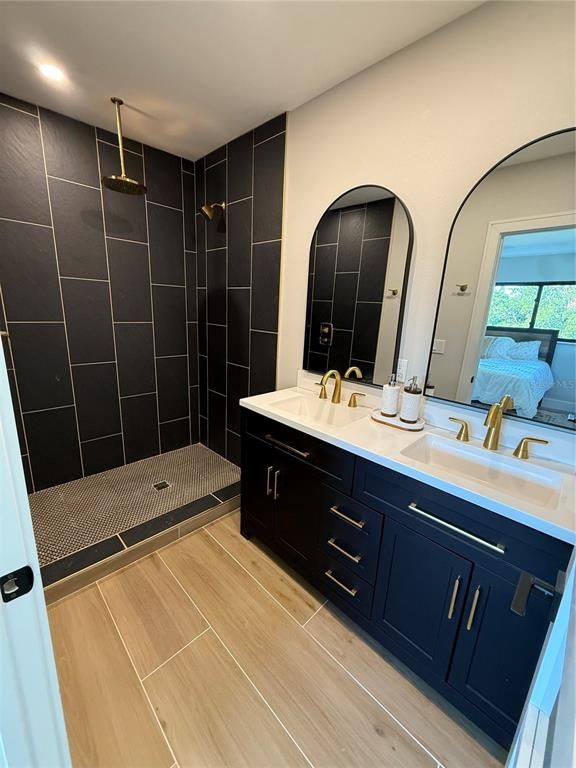 Bathroom, Dual Sink Vanities, Interior, Recessed Lighting, Wood Texture Flooring