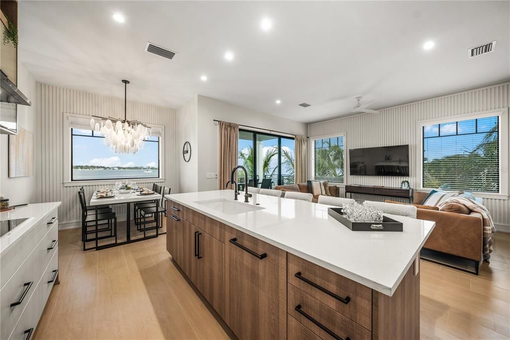Dining room, Interior, Kitchen, Living room, Pendant Lights, Recessed Lighting, Wood Texture Flooring