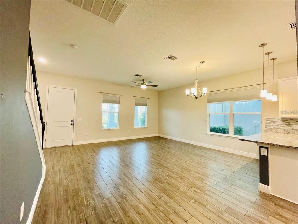 Chandelier, Empty room, Interior, Pendant Lights, Wood Texture Flooring