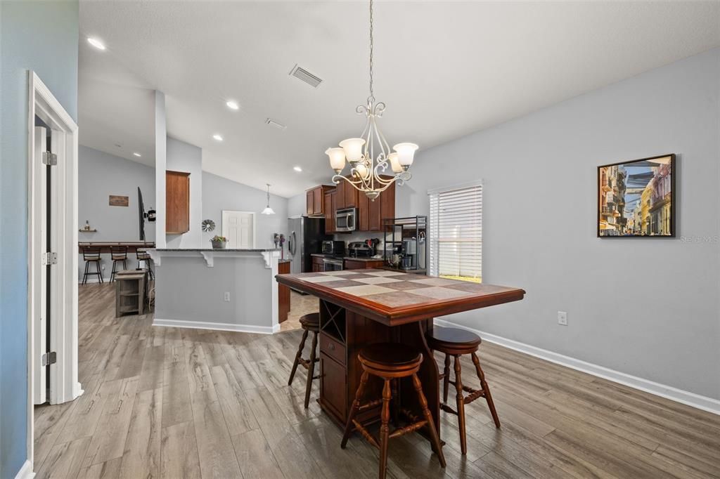 Chandelier, Interior, Kitchen, Pendant Lights, Recessed Lighting, Wood Texture Flooring