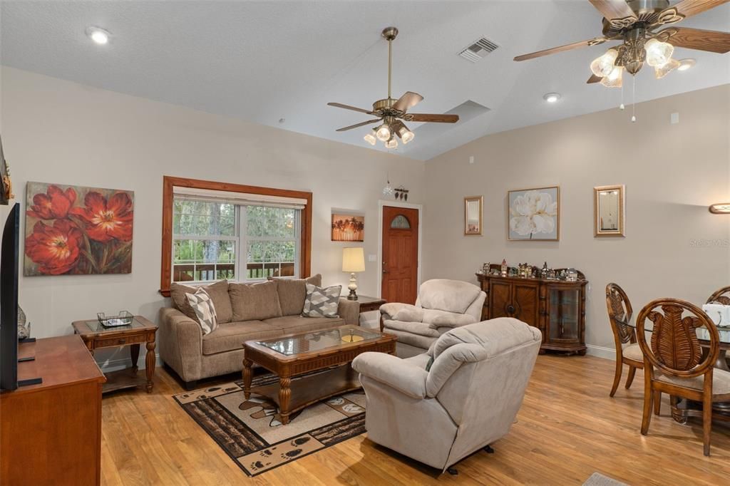 Dining room, Interior, Living room, Recessed Lighting, Wood Texture Flooring