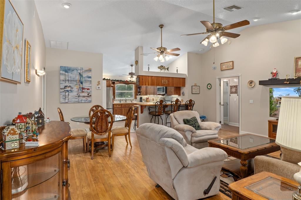 Dining room, Interior, Kitchen, Living room, Recessed Lighting, Wood Texture Flooring