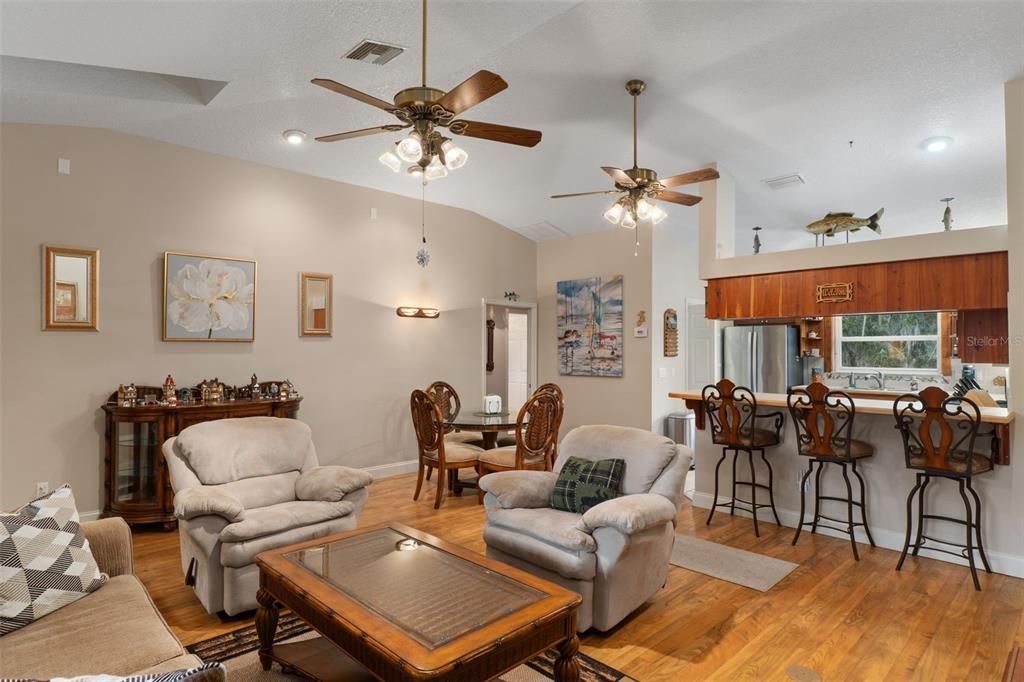 Dining room, Interior, Kitchen, Living room, Pendant Lights, Recessed Lighting, Wood Texture Flooring