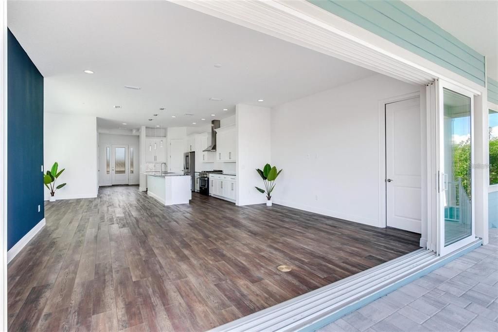 Empty room, Interior, Kitchen, Recessed Lighting, Wood Texture Flooring