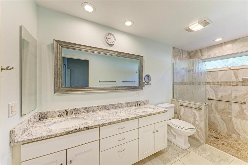 Bathroom, Dual Sink Vanities, Glass Shower, Interior, Recessed Lighting