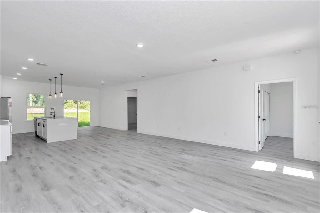 Empty room, Interior, Kitchen, Pendant Lights, Recessed Lighting, Wood Texture Flooring
