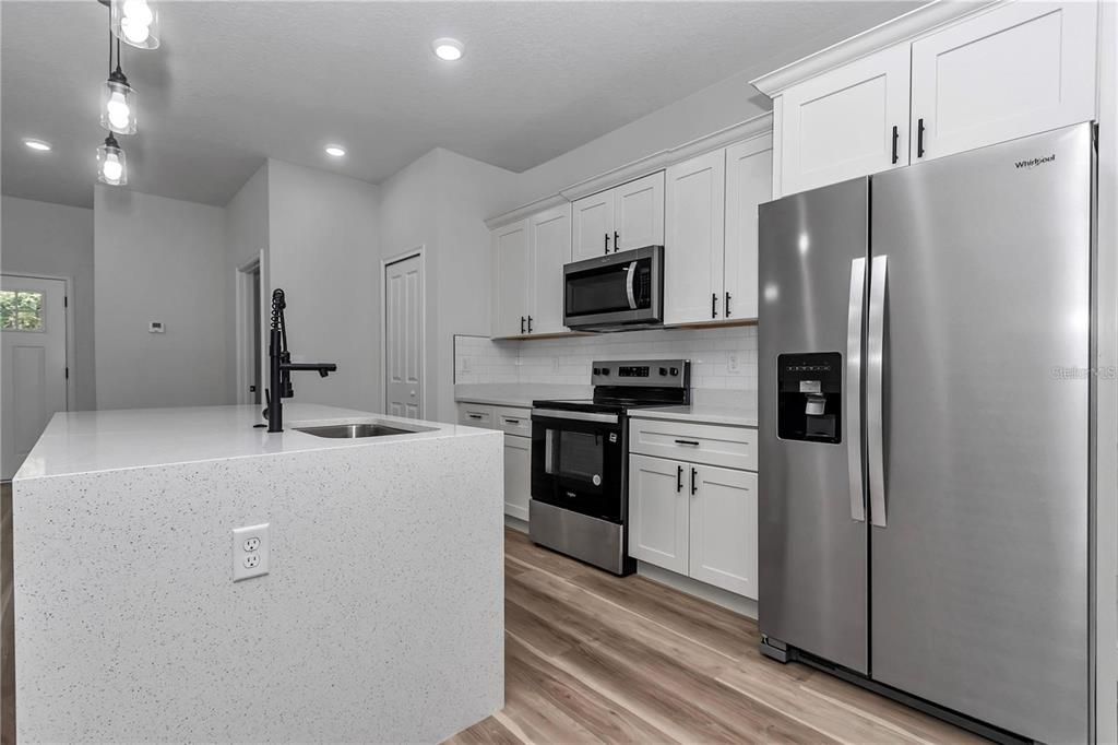 Interior, Kitchen, Pendant Lights, Recessed Lighting, Stainless Steel Appliances, Wood Texture Flooring